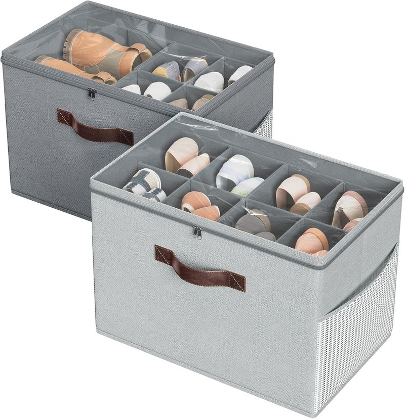 Budding Joy 2 Pack Shoe Organizer for Closet, Clear Foldable Shoe Storage Containers Adjustable Dividers Fits 16 Pairs,Shoe Storage Bins Baskets Boxes with Reinforced Handles Light Grey Greenish Grey - Image 1